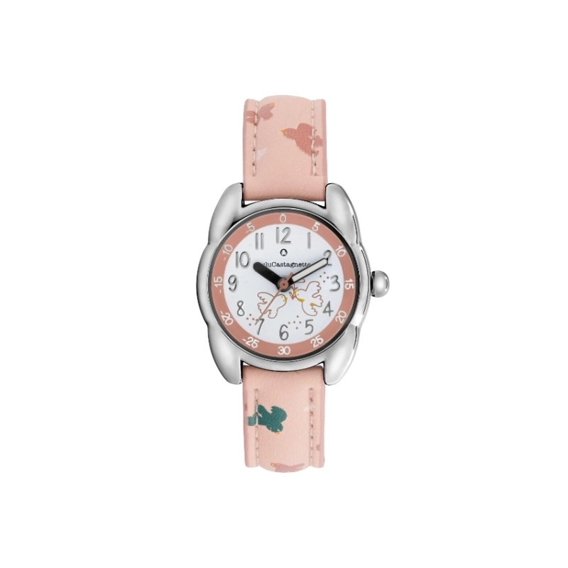 Photo de face de cette Montre fille pas chère en Métal et Cuir, Argenté, Rose - 38964