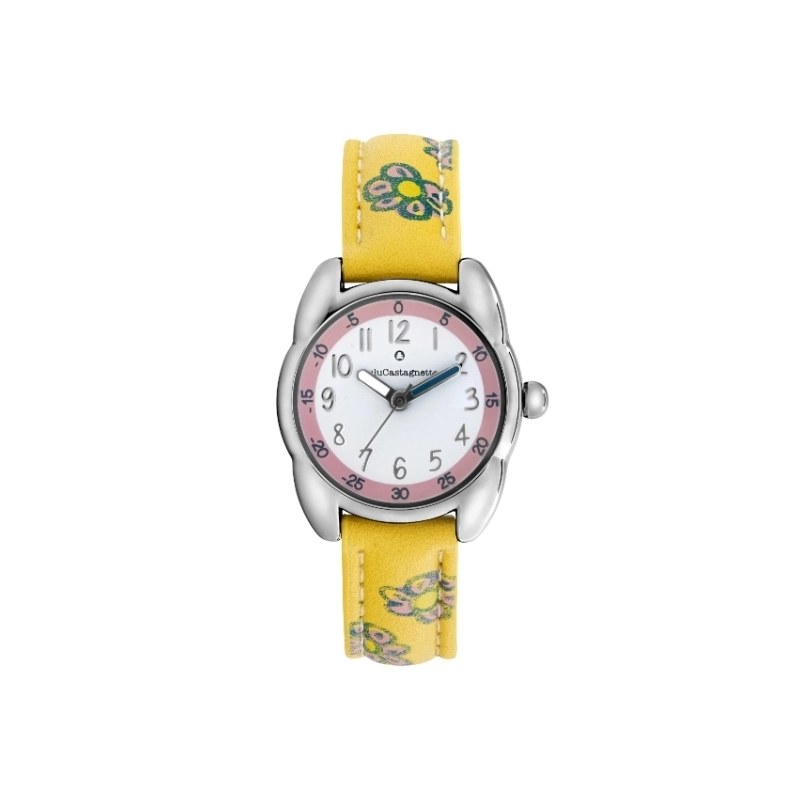 Front photo of this inexpensive girls' watch in Metal and Leather, Silver, Lemon - 38967