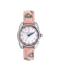 Vorderes Foto dieser preiswerten Mädchenuhr aus Metall und Leder, Silber, Pink – 38969