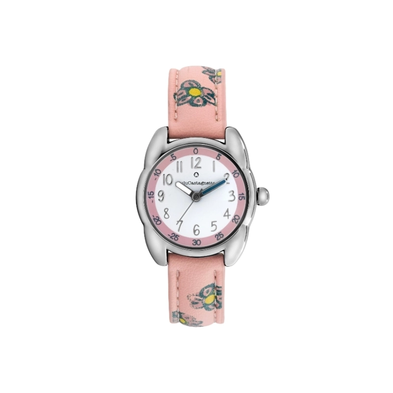 Vorderes Foto dieser preiswerten Mädchenuhr aus Metall und Leder, Silber, Pink – 38969