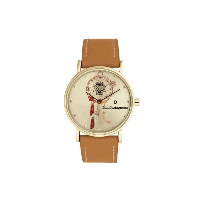 Photo de face de cette Montre fille pas chère en Métal et Cuir, Doré, Camel - 38945