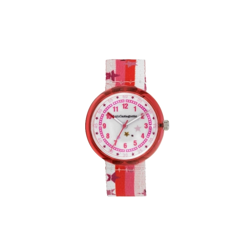 Photo de face de cette Montre fille pas chère en Plastique et Tissu, Rouge, - 38953