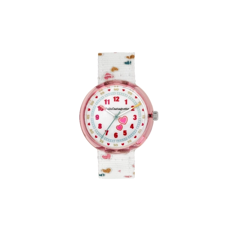 Photo de face de cette Montre fille pas chère en Plastique et Tissu, Rose, Blanc - 38954