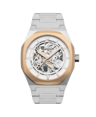 Foto frontal de este reloj esqueleto para hombre en acero inoxidable gris y amarillo - DRAKE - EARNSHAW | ES-8142-44