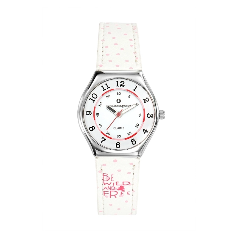 Front photo of this inexpensive girls' watch in Metal and Leather, Silver, White - 38851