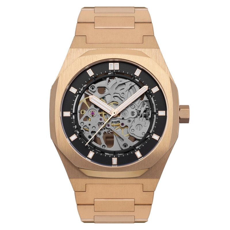 Front photo of this Men's Skeleton Watch in Stainless Steel Grey, Black, Pink - DRAKE - EARNSHAW | ES-8142-55