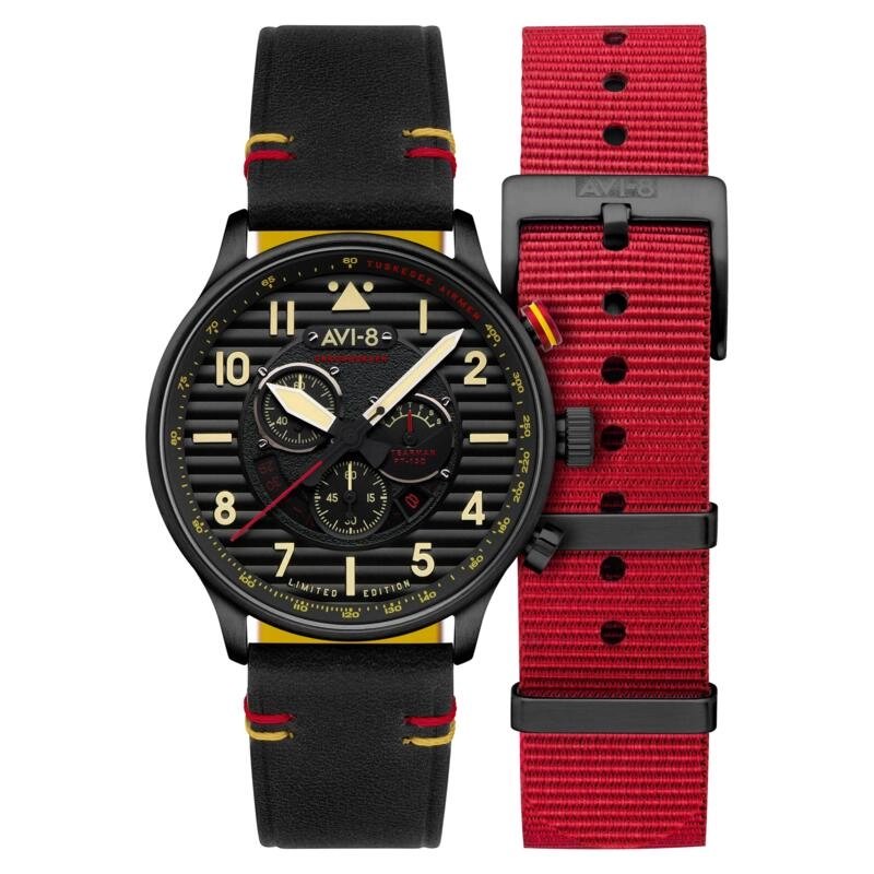 Montre Chronographe en Acier inoxydable, Cuir, Nylon, Homme Noir, Rouge - FLYBOY - AV-4109-01