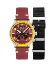 Herren-Chronographenuhr aus Edelstahl, Leder, Nylon, Rot, Silber, Schwarz – FLYBOY – AV-4109-02