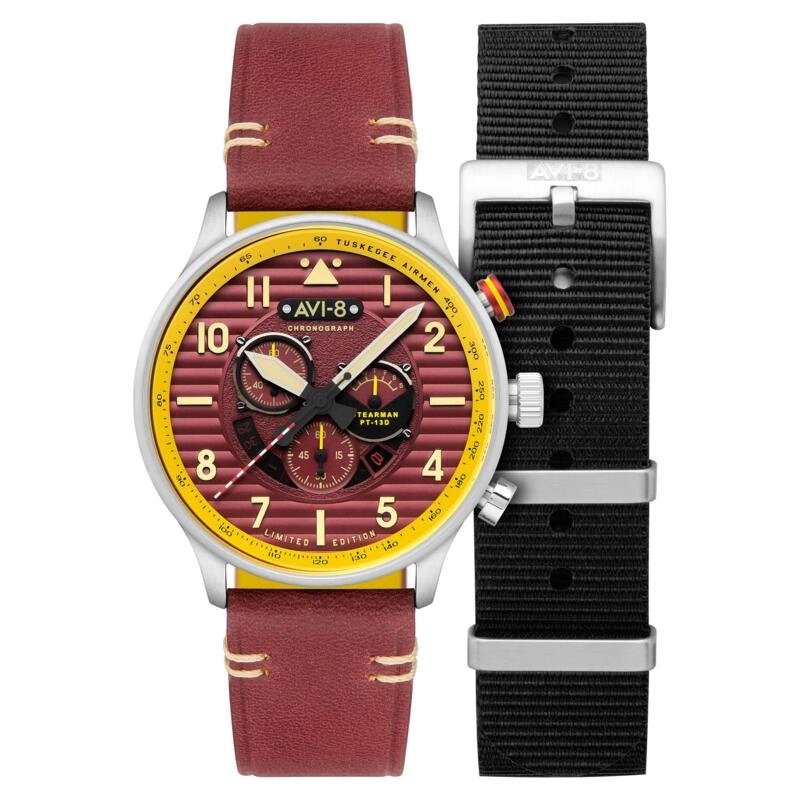 Men's Chronograph Watch in Stainless Steel, Leather, Nylon, Red, Silver, Black - FLYBOY - AV-4109-02