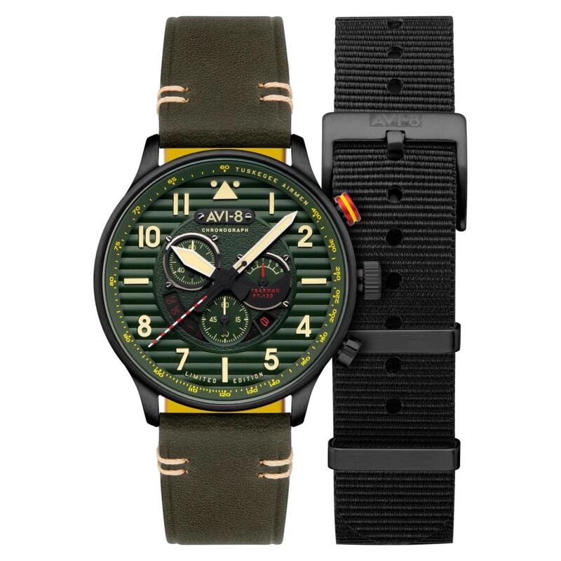 Men's Chronograph Watch in Stainless Steel, Leather, Nylon, Green, Black - FLYBOY - AV-4109-04