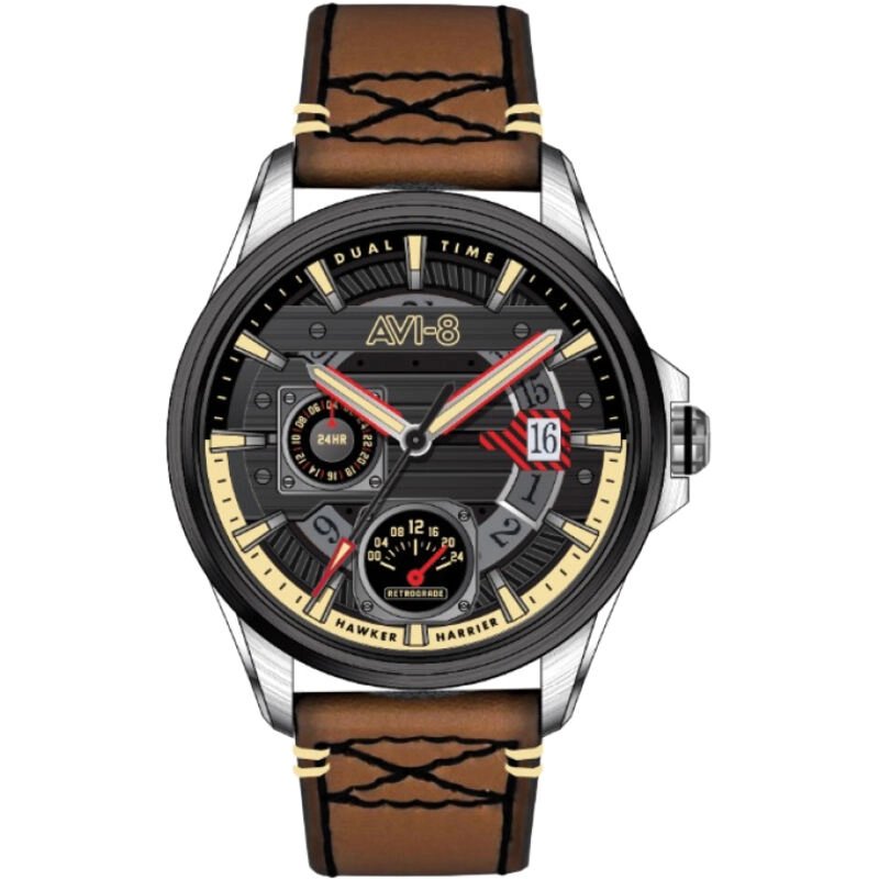 Montre Homme Quartz en Acier inoxydable, Cuir, Noir, Beige, Argenté, Marron - Hawker Harrier - AV-4098-02