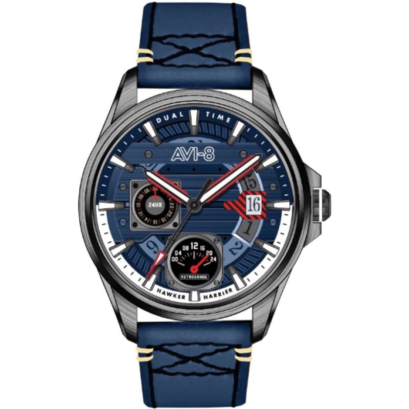 Montre Homme Quartz en Acier inoxydable, Cuir, Bleu, Gun - Hawker Harrier - AV-4098-03