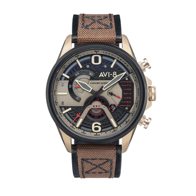 Reloj Cronógrafo para Hombre en Acero, Piel, Negro, Oro, Marrón - HAWKER HARRIER II - AV-4056-06