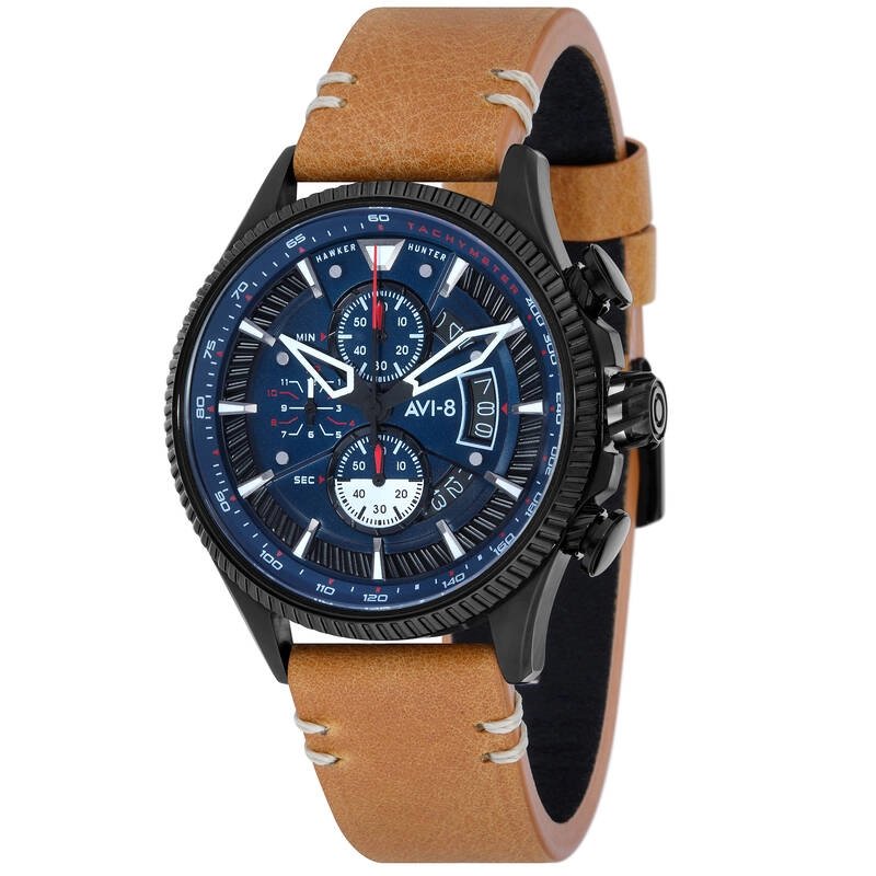 Men's Chronograph Watch in Stainless Steel, Leather, Blue, Gun, Brown - HAWKER HUNTER - AV-4064-01