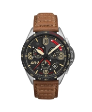 Herren-Chronographenuhr aus Edelstahl, Leder, Schwarz, Braun – P-51 MUSTANG – AV-4077-02