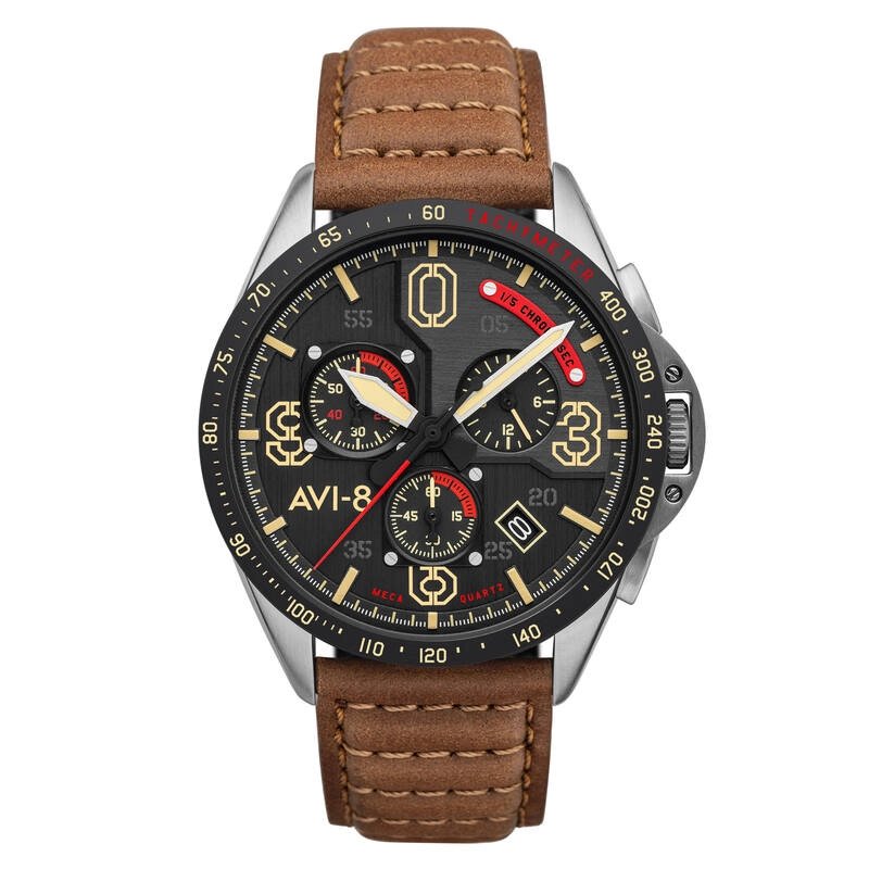 Montre Chronographe Homme en Acier inoxydable, Cuir, Noir, Marron - P-51 MUSTANG - AV-4077-02