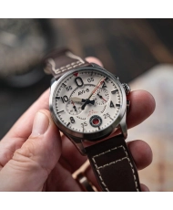 Herren-Chronographenuhr aus Edelstahl, Leder, Weiß, Silber, Braun – SPITFIRE LOCK – AV-4089-05