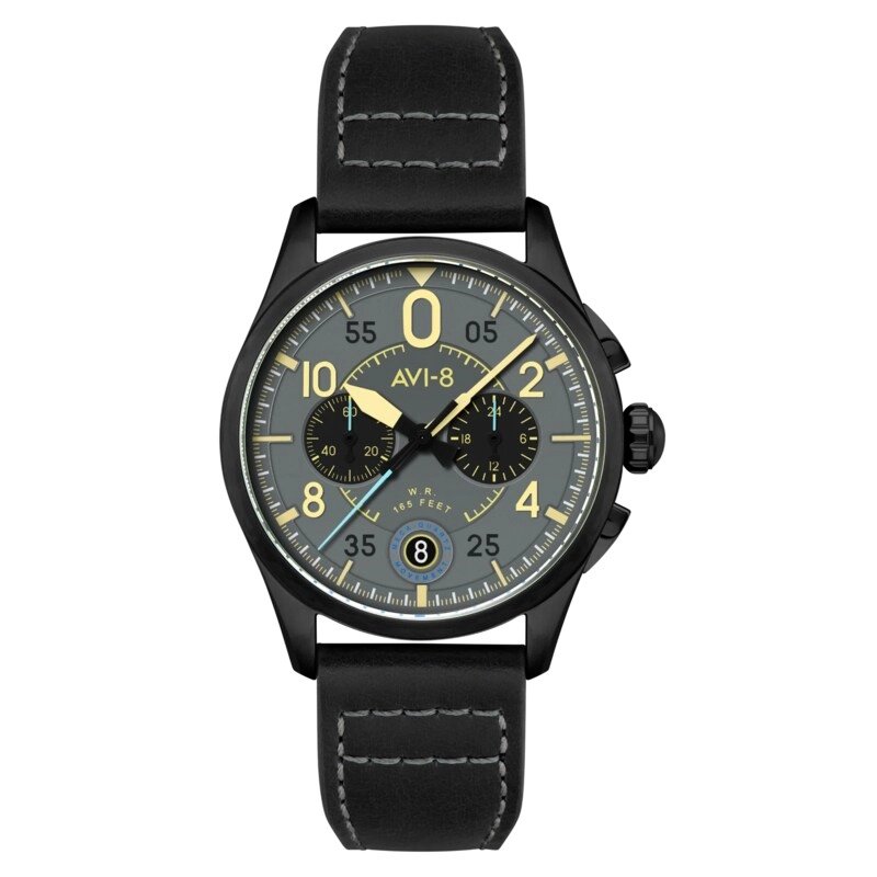 Men's Chronograph Watch in Stainless Steel, Leather, Grey, Black - SPITFIRE LOCK - AV-4089-08