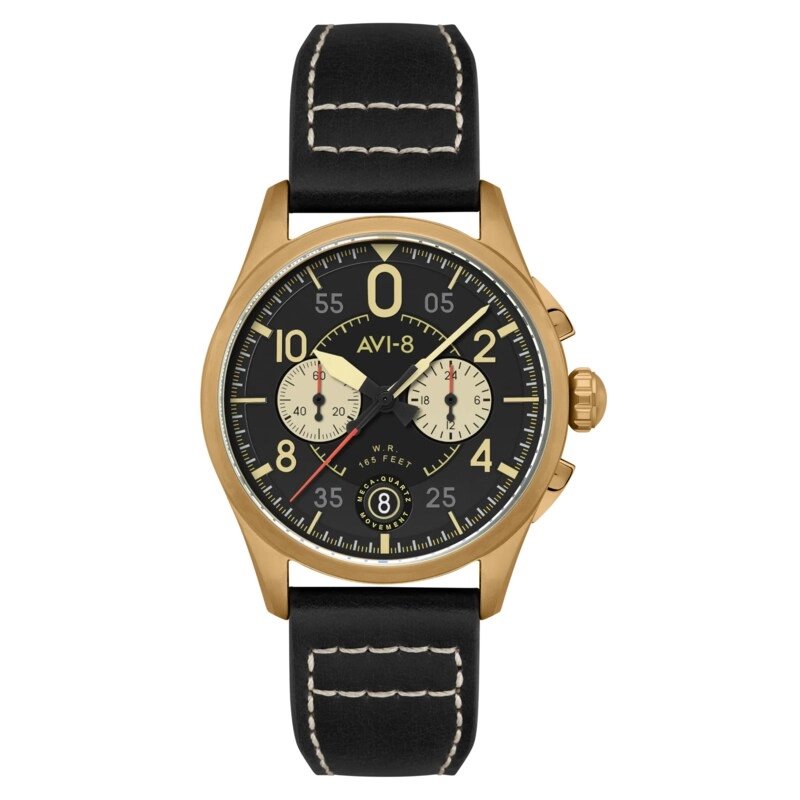 Men's Chronograph Watch in Stainless Steel, Leather, Black, Gold - SPITFIRE LOCK - AV-4089-07