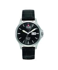 Swiss Men's Watch in Stainless Steel, Leather, Black, Silver - ALPHA BIG DATE - JDM-WG014-06