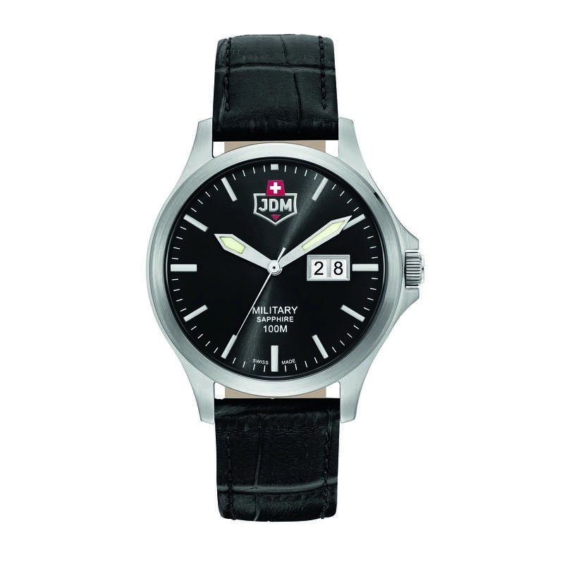 Montre Suisse Homme en Acier inoxydable, Cuir, Noir, Argenté - ALPHA BIG DATE - JDM-WG014-06