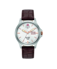 Swiss Men's Watch in Stainless Steel, Leather, White, Silver, Brown - ALPHA BIG DATE - JDM-WG014-07