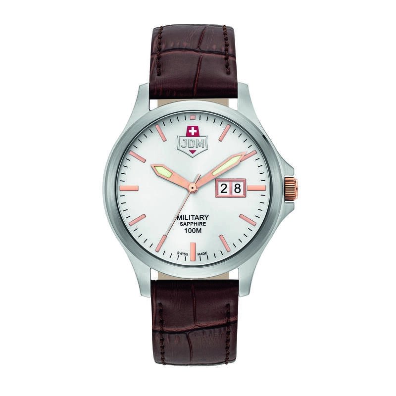 Swiss Men's Watch in Stainless Steel, Leather, White, Silver, Brown - ALPHA BIG DATE - JDM-WG014-07