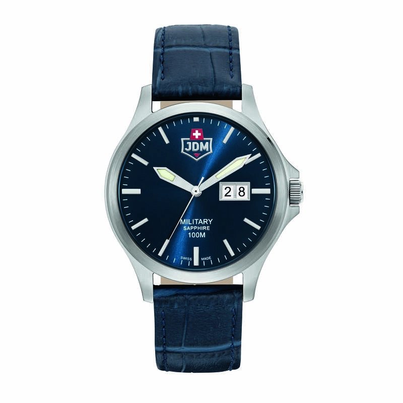 Montre Suisse Homme en Acier inoxydable, Cuir, Bleu, Argenté - ALPHA BIG DATE - JDM-WG014-08