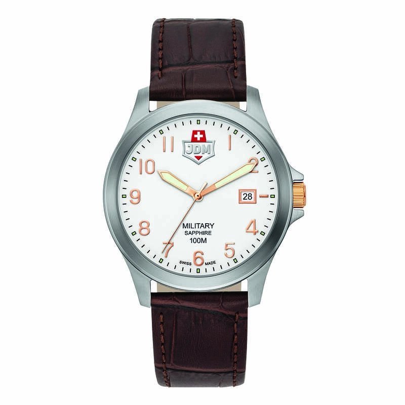 Montre Suisse Homme en Acier inoxydable, Cuir, Blanc, Argenté, Chocolat - ALPHA I - JDM-WG001-02