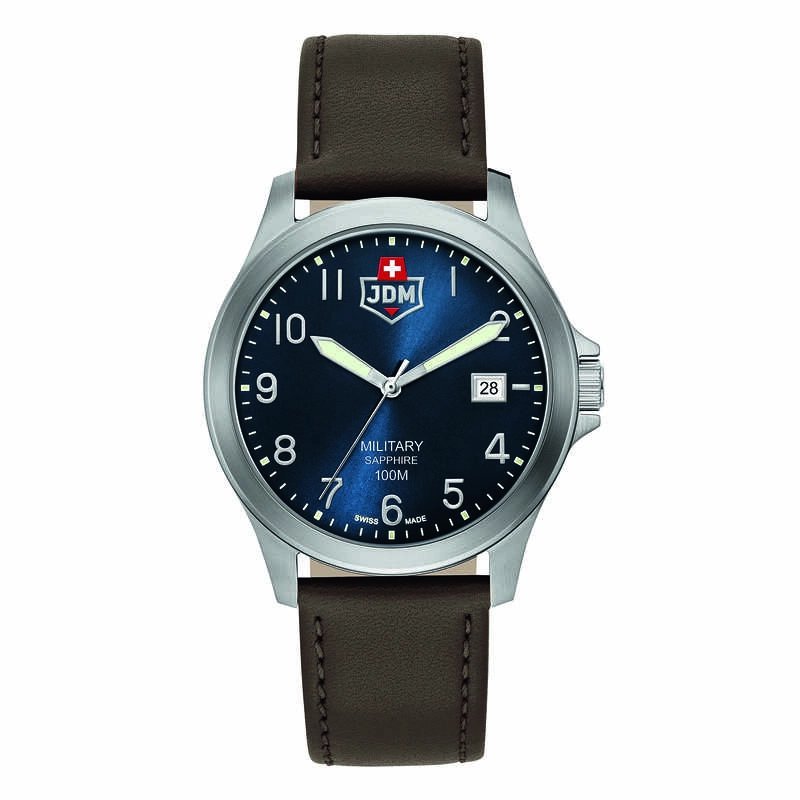 Montre Suisse Homme en Acier inoxydable, Cuir, Bleu, Argenté, Marron - ALPHA I - JDM-WG001-03