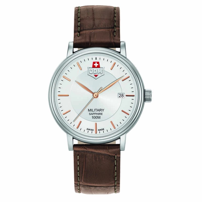 Montre Suisse Homme en Acier inoxydable, Cuir, Blanc, Argenté, Marron - KILO - JDM-WG004-05