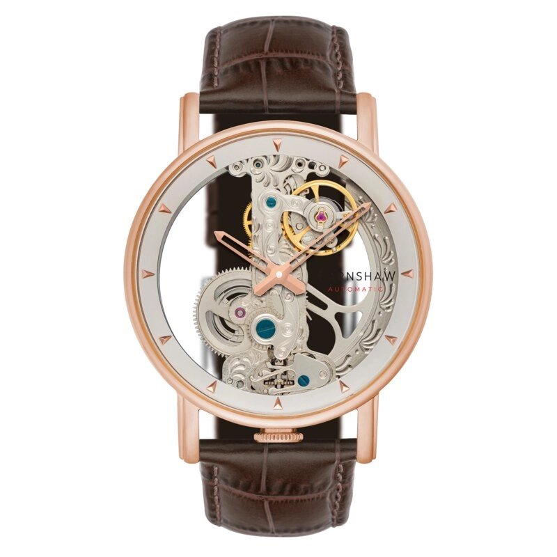 Montre squelette Homme Automatique en Acier inoxydable, Cuir, Blanc, Doré Rose, Marron - FOWLER BRIDGE SKELETON - ES-8225-03