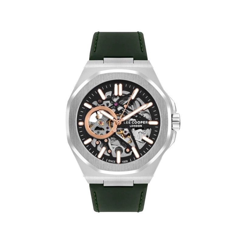 Reloj Automático Esqueleto para Hombre en Metal, Piel, Plata, Verde - LC07978.377 - LEE COOPER