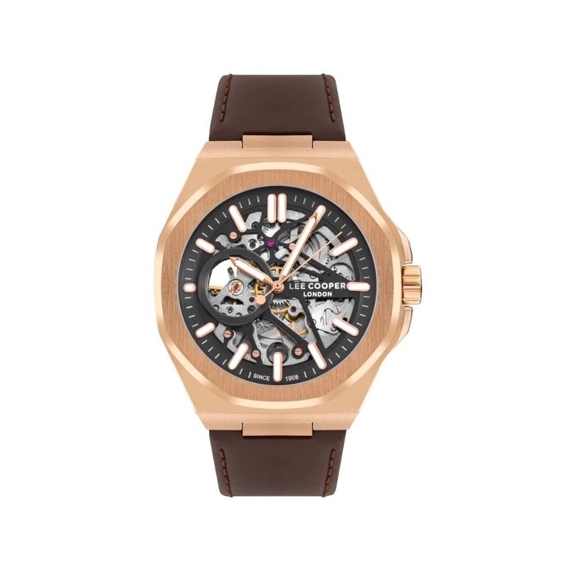 Montre squelette Homme Automatique en Métal, Cuir, Argenté, Noir, Doré Rose, Chocolat - LC07978.454