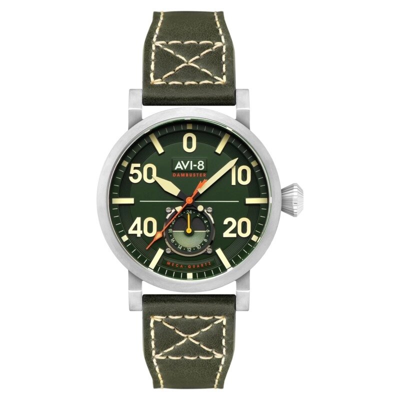 Meca Quartz Men's Watch in Stainless Steel, Leather, Green, Silver - DAMBUSTER - AV-4113-02