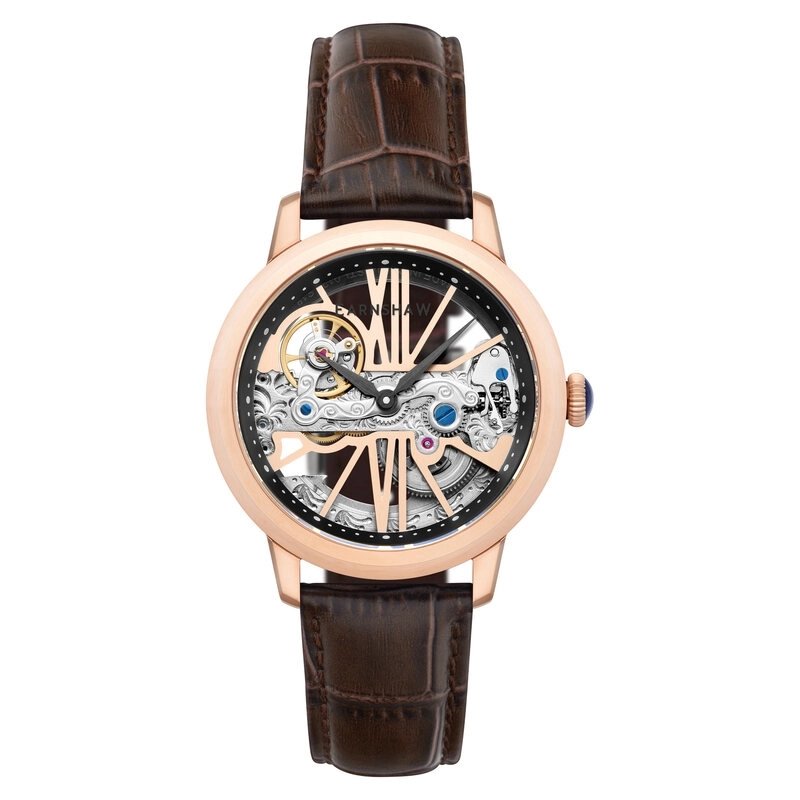 Montre squelette Homme Automatique en Acier inoxydable, Cuir, Doré, Doré Rose, Marron - CORNWALL BRIDGE - ES-8287-02