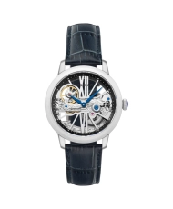 Men's Automatic Skeleton Watch in Stainless Steel, Leather, Silver, Blue - CORNWALL BRIDGE - ES-8287-01