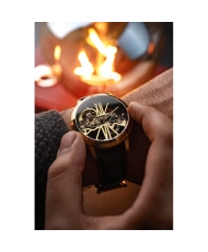 Men's Automatic Skeleton Watch in Stainless Steel, Leather, Gold, Black - CORNWALL BRIDGE - ES-8287-03