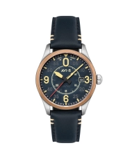 Stainless Steel & Leather Automatic Watch, Silver, Blue, Bronze - SPITFIRE SMITH AUTOMATIC - AV-4090-05