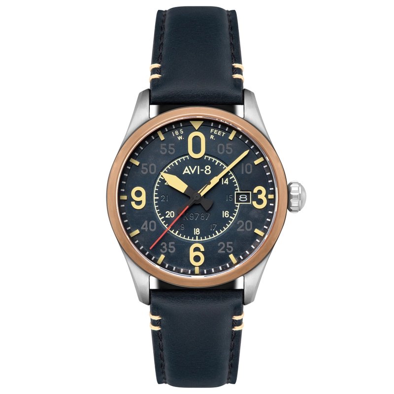 Stainless Steel & Leather Automatic Watch, Silver, Blue, Bronze - SPITFIRE SMITH AUTOMATIC - AV-4090-05