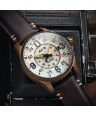 Automatikuhr aus Bronze und Leder, cremefarben, braun, oxidierte Bronze – SPITFIRE SMITH AUTOMATIC – AV-4090-07