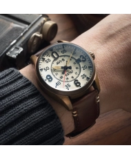 Automatikuhr aus Bronze und Leder, cremefarben, braun, oxidierte Bronze – SPITFIRE SMITH AUTOMATIC – AV-4090-07