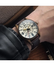 Automatikuhr aus Bronze und Leder, cremefarben, braun, oxidierte Bronze – SPITFIRE SMITH AUTOMATIC – AV-4090-07