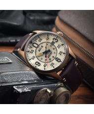 Automatikuhr aus Bronze und Leder, cremefarben, braun, oxidierte Bronze – SPITFIRE SMITH AUTOMATIC – AV-4090-07