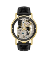 Vorderes Foto dieser Skelett-Herrenuhr aus Edelstahl, poliertem Stahl, Gelb und Schwarz – FOWLER BRIDGE SKELETON AUTOMATIC – E