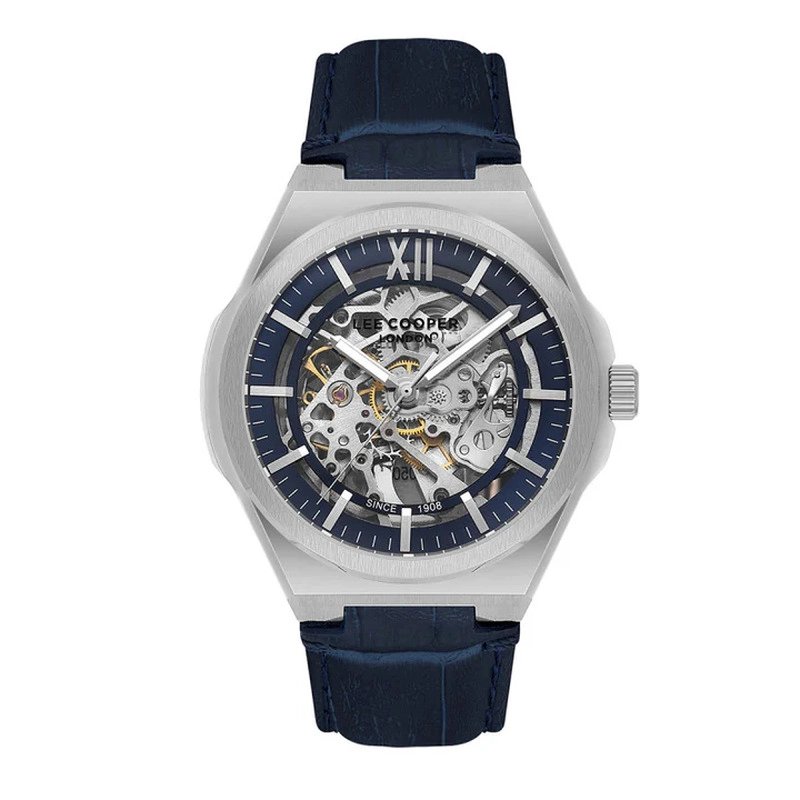 Automatic skeleton watch in metal and leather, blue, silver - LC08050.399