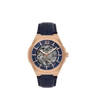 Automatische Skelettuhr aus Metall und Leder, Blau, Roségold – LC08050.499