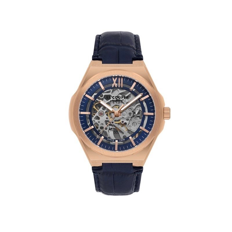 Reloj automático esqueleto de metal y cuero, azul, oro rosa - LC08050.499