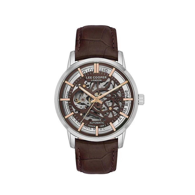 Reloj esqueleto automático de metal y piel, plateado, marrón - LC08035.344