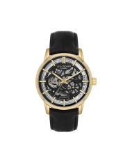 Reloj automático esqueleto de metal y piel, dorado, negro - LC08035.161